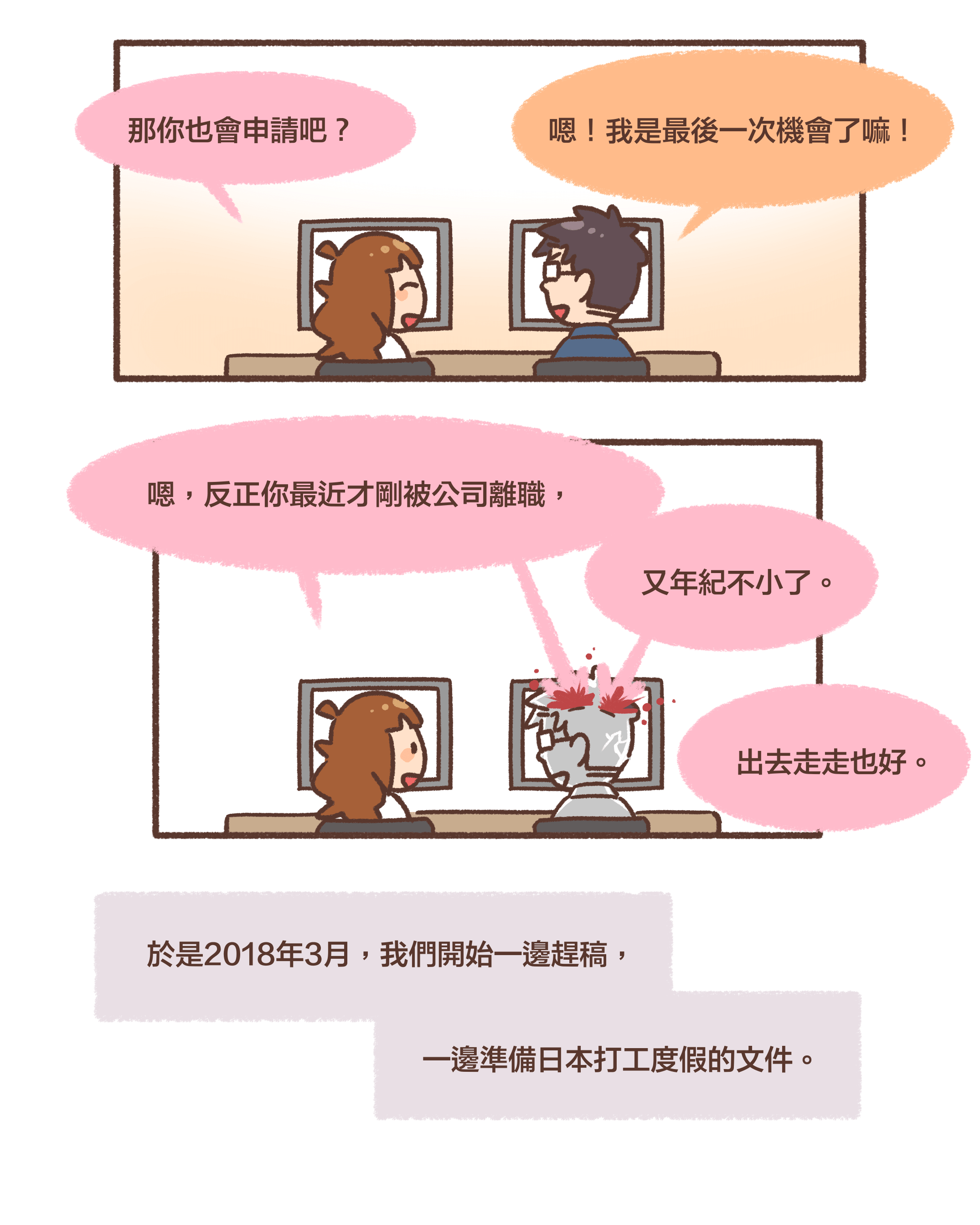 那你也會申請吧？嗯！我是最後一次機會了嘛！嗯，反正你最近才剛被公司離職，又年紀不小了。出去走走也好。於是2018年3月，我們開始一邊趕稿，一邊準備日本打工度假的文件。