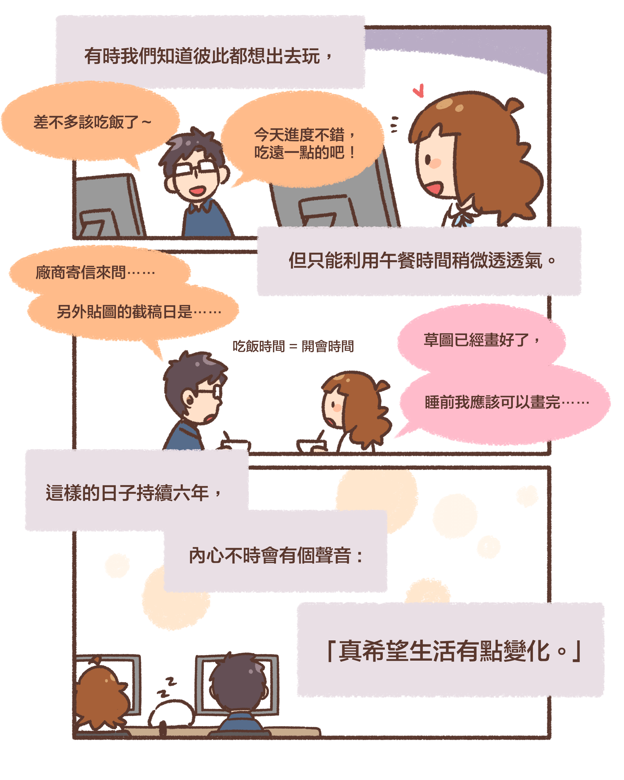 有時我們知道彼此都想出去玩，但只能利用午餐時間稍微透透氣。差不多該吃飯了～今天進度不錯， 吃遠一點的吧！廠商寄信來問⋯⋯另外貼圖的截稿日是⋯⋯草圖已經畫好了，睡前我應該可以畫完⋯⋯吃飯時間 = 開會時間，這樣的日子持續六年，內心不時會有個聲音 :「真希望生活有點變化。 」