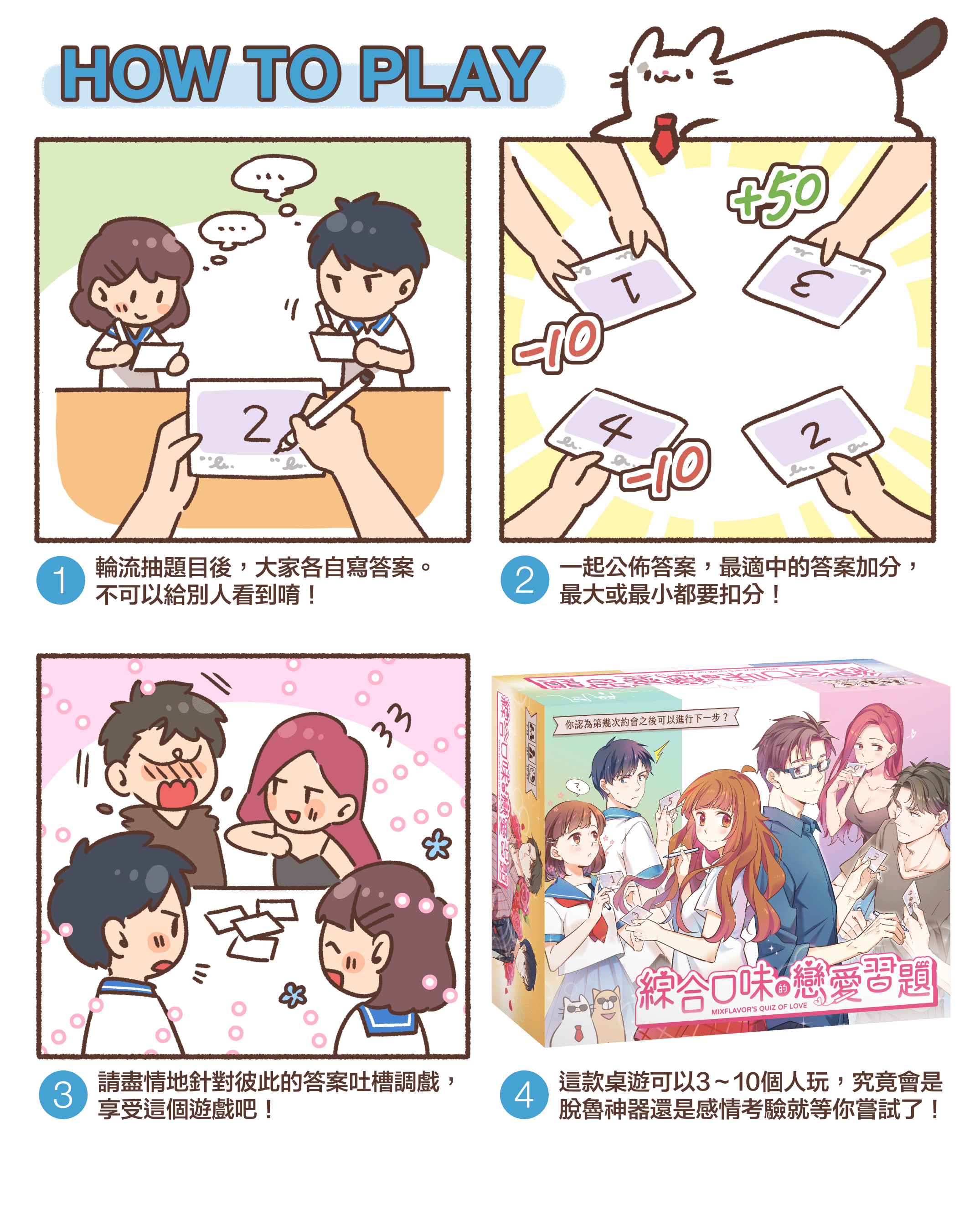 HOW TO PLAY  1.輪流抽題目後，大家各自寫答案。 不可以給別人看到唷！2.一起公佈答案，最適中的答案加分， 最大或最小都要扣分！3.請盡情地針對彼此的答案吐槽調戲， 享受這個遊戲吧！4.這款桌遊可以3～10個人玩，究竟會是 脫魯神器還是感情考驗就等你嘗試了！