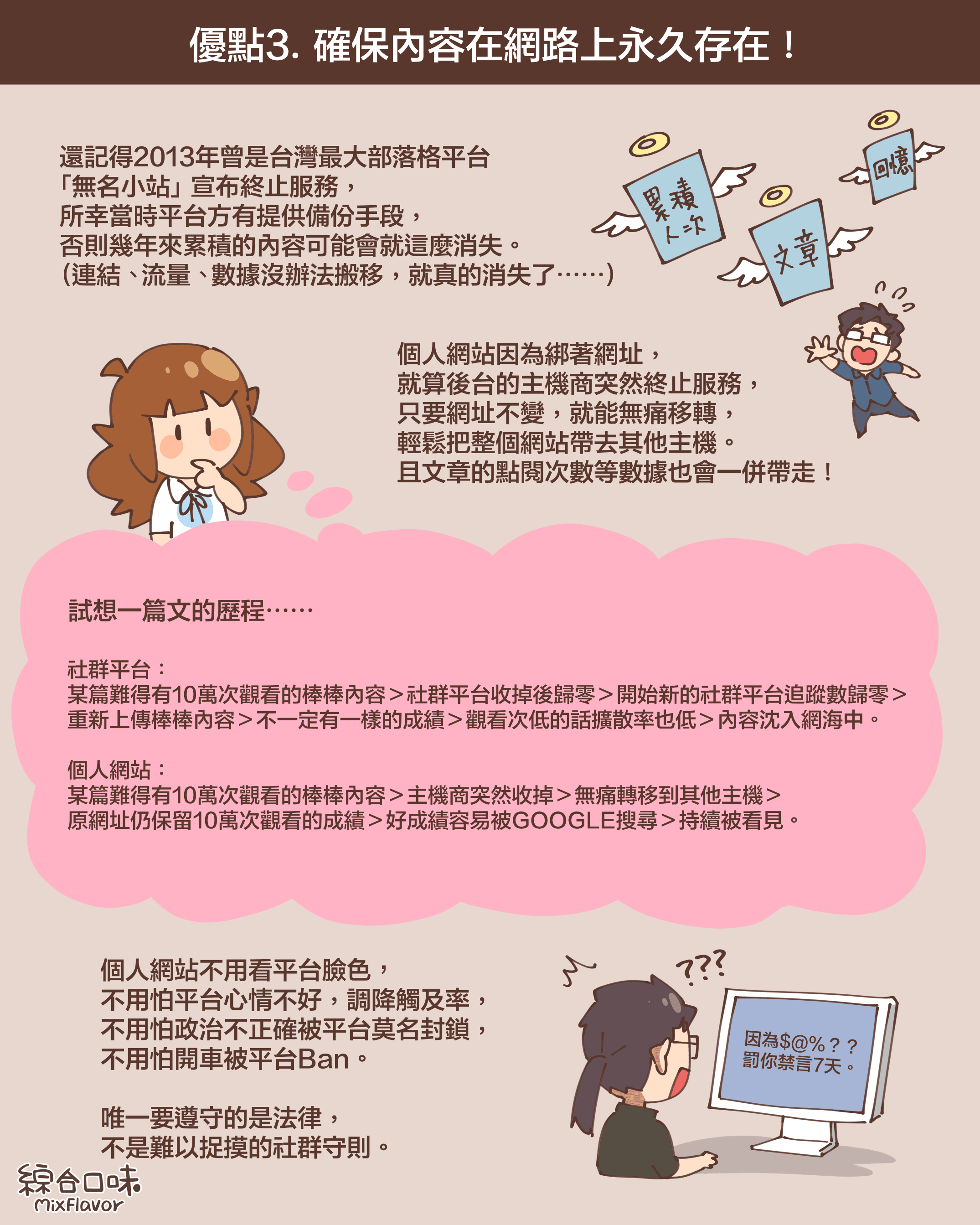 優點3. 確保內容在網路上永久存在！還記得2013年曾是台灣最大部落格平台 「無名小站」 宣布終止服務， 所幸當時平台方有提供備份手段， 否則幾年來累積的內容可能會就這麼消失。 （連結、 流量、 數據沒辦法搬移，就真的消失了⋯⋯）個人網站因為綁著網址， 就算後台的主機商突然終止服務， 只要網址不變，就能無痛移轉， 輕鬆把整個網站帶去其他主機。 且文章的點閱次數等數據也會一併帶走！試想一篇文的歷程⋯⋯社群平台： 某篇難得有10萬次觀看的棒棒內容＞社群平台收掉後歸零＞開始新的社群平台追蹤數歸零＞ 重新上傳棒棒內容＞不一定有一樣的成績＞觀看次低的話擴散率也低＞內容沈入網海中。  個人網站： 某篇難得有10萬次觀看的棒棒內容＞主機商突然收掉＞無痛轉移到其他主機＞ 原網址仍保留10萬次觀看的成績＞好成績容易被GOOGLE搜尋＞持續被看見。個人網站不用看平台臉色， 不用怕平台心情不好，調降觸及率， 不用怕政治不正確被平台莫名封鎖， 不用怕開車被平台Ban。  唯一要遵守的是法律， 不是難以捉摸的社群守則。 