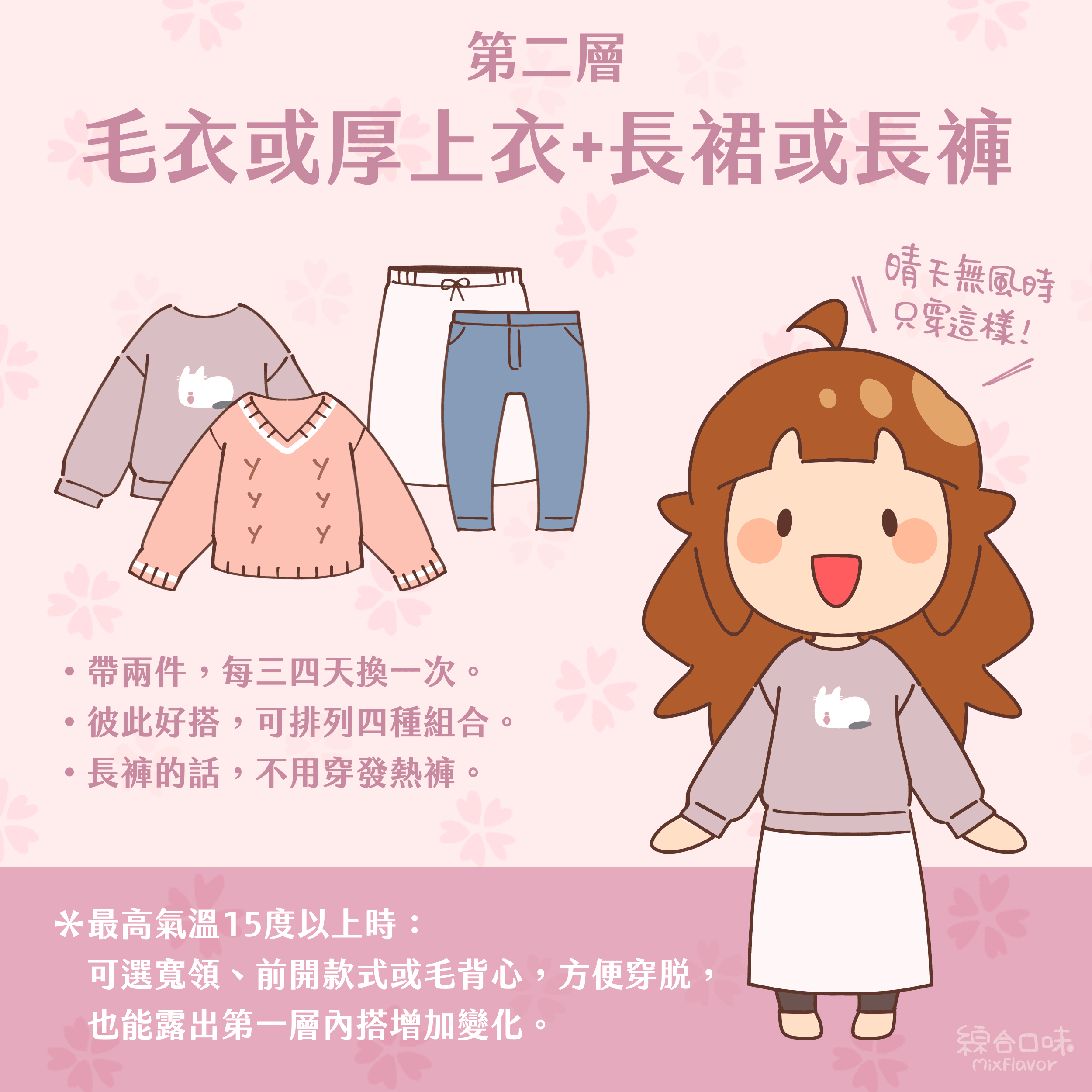 第二層
毛衣或厚上衣+長裙或長褲
晴天無風時只穿這樣！
•帶兩件，每三四天換一次。
•彼此好搭，可排列四種組合。
•長褲的話，不用穿發熱褲。
*最高氣溫15度以上時：
可選寬領、前開款式或毛背心，方便穿脫，也能露出第一層內搭增加變化。