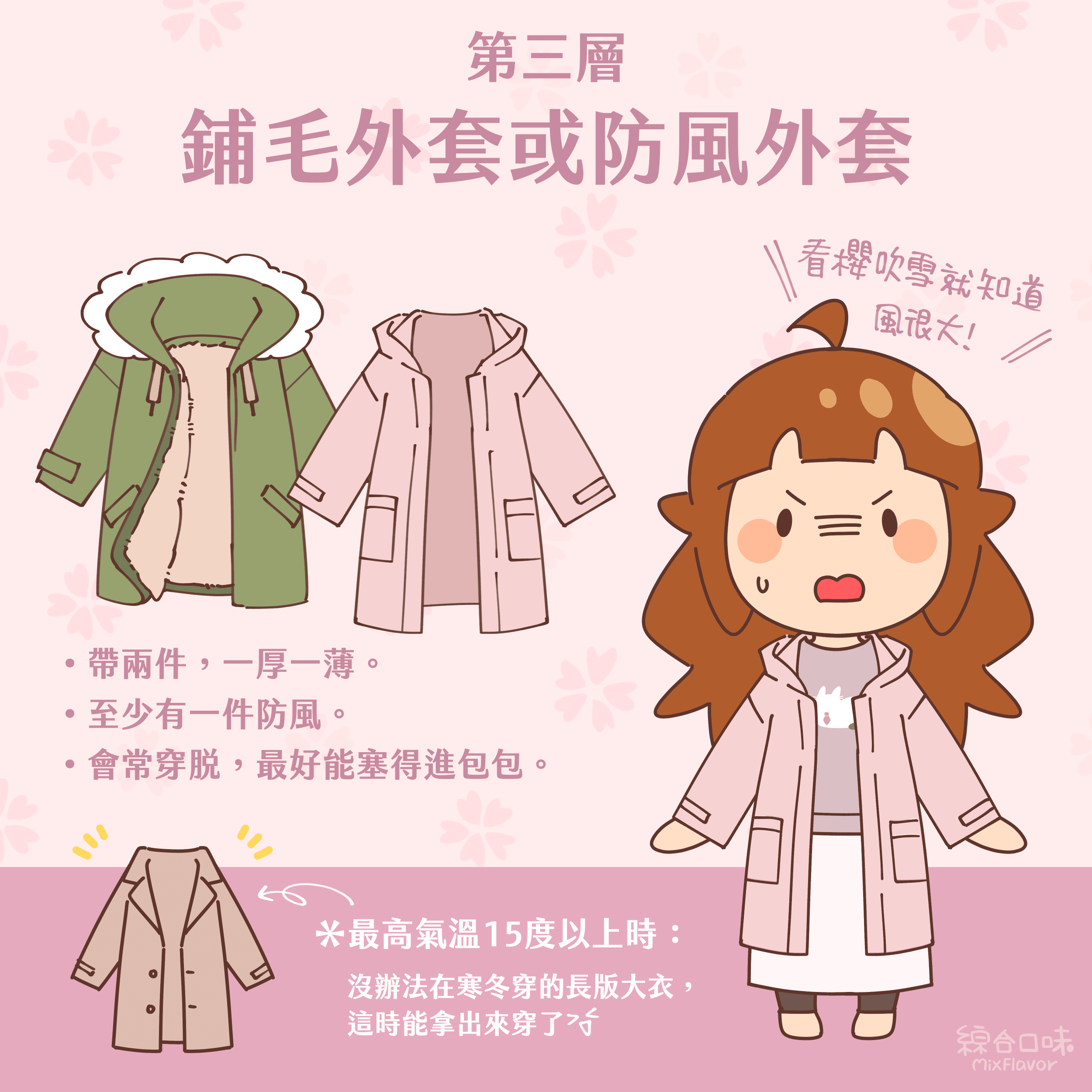 第三層
鋪毛外套或防風外套
看櫻吹雪就知道風很大！
•帶兩件，一厚一薄。
。至少有一件防風。
•會常穿脱，最好能塞得進包包。
*最高氣溫15度以上時：
沒辦法在寒冬穿的長版大衣，這時能拿出來穿了